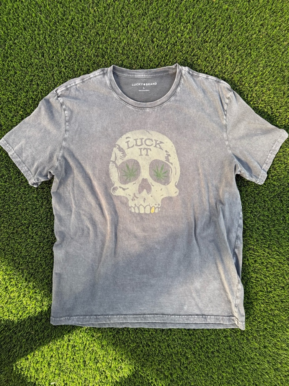 Lucky Brand Faded Gray Skull Graphic Tee with Green Accents